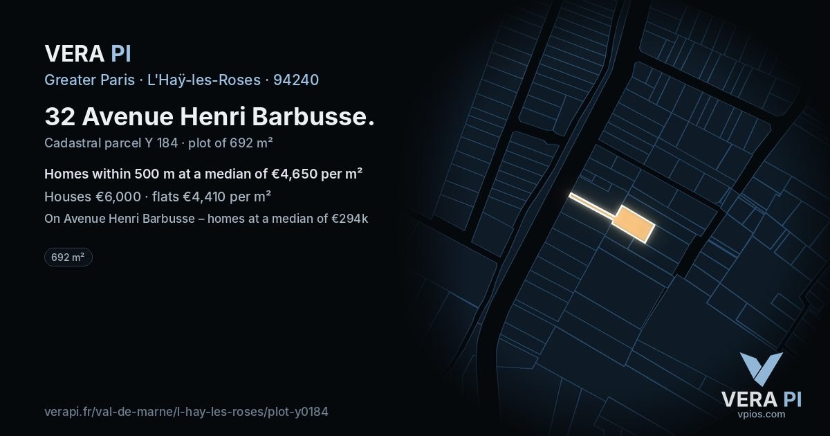32 Avenue Henri Barbusse, L'Haÿ-les-Roses at night – the plot lit, the parcels around coloured by the prices near them