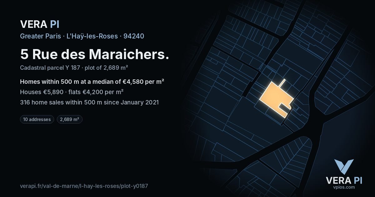 5 Rue des Maraichers, L'Haÿ-les-Roses at night – the plot lit, the parcels around coloured by the prices near them