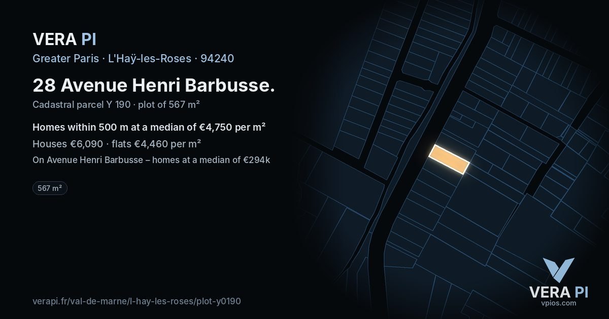 28 Avenue Henri Barbusse, L'Haÿ-les-Roses at night – the plot lit, the parcels around coloured by the prices near them