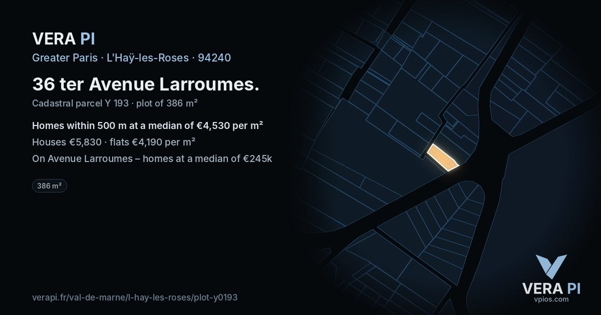 36 ter Avenue Larroumes, L'Haÿ-les-Roses at night – the plot lit, the parcels around coloured by the prices near them