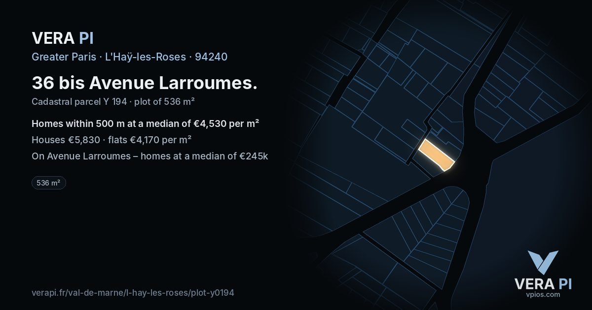 36 bis Avenue Larroumes, L'Haÿ-les-Roses at night – the plot lit, the parcels around coloured by the prices near them