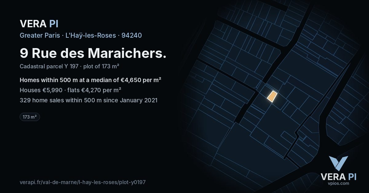 9 Rue des Maraichers, L'Haÿ-les-Roses at night – the plot lit, the parcels around coloured by the prices near them