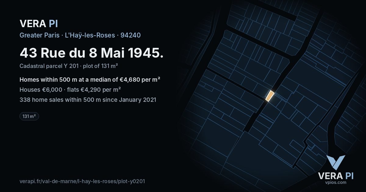 43 Rue du 8 Mai 1945, L'Haÿ-les-Roses at night – the plot lit, the parcels around coloured by the prices near them