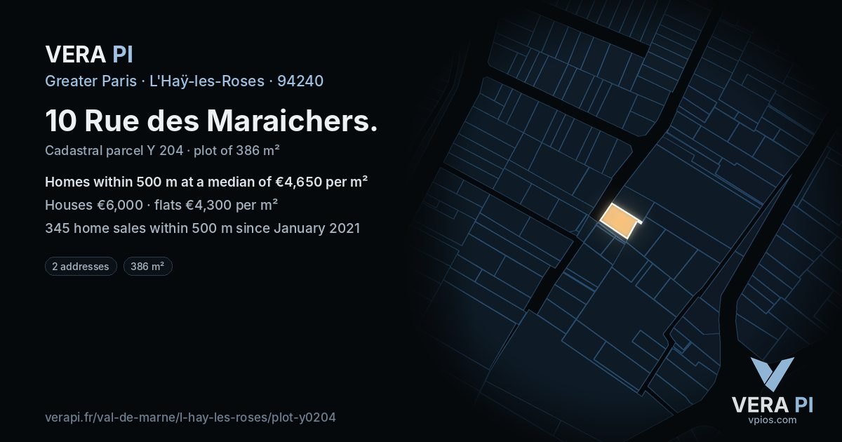 10 Rue des Maraichers, L'Haÿ-les-Roses at night – the plot lit, the parcels around coloured by the prices near them