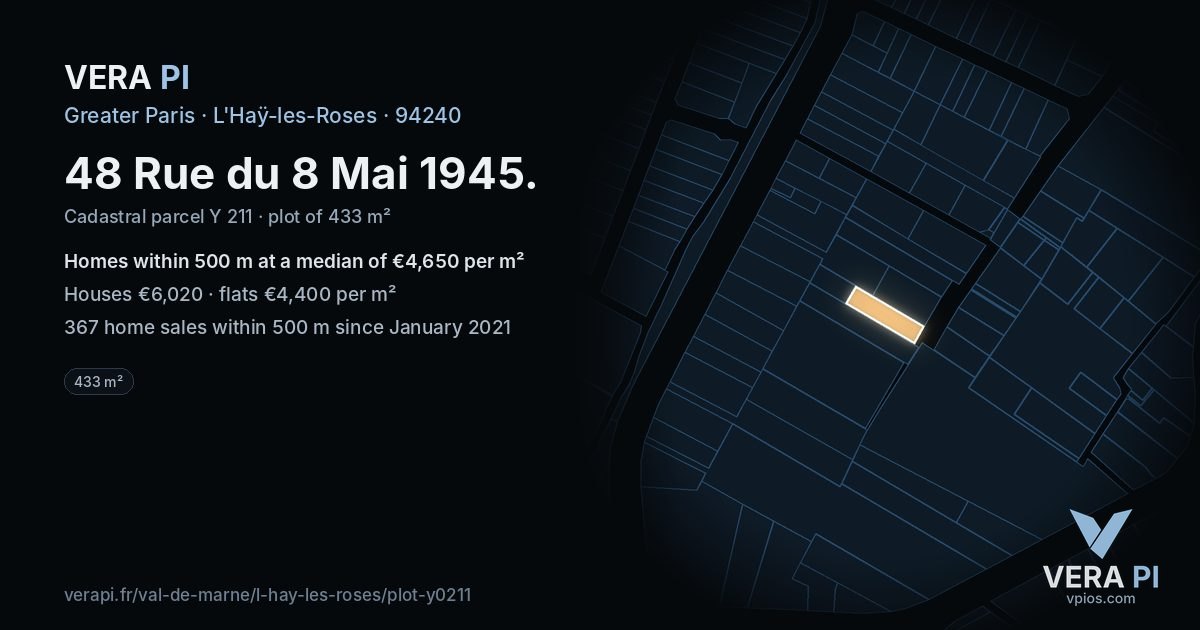 48 Rue du 8 Mai 1945, L'Haÿ-les-Roses at night – the plot lit, the parcels around coloured by the prices near them