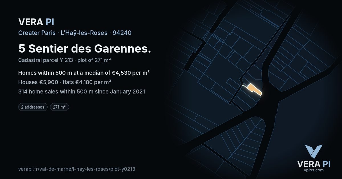5 Sentier des Garennes, L'Haÿ-les-Roses at night – the plot lit, the parcels around coloured by the prices near them