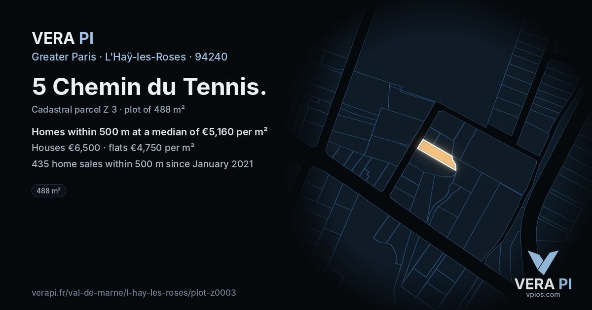 5 Chemin du Tennis, L'Haÿ-les-Roses at night – the plot lit, the parcels around coloured by the prices near them