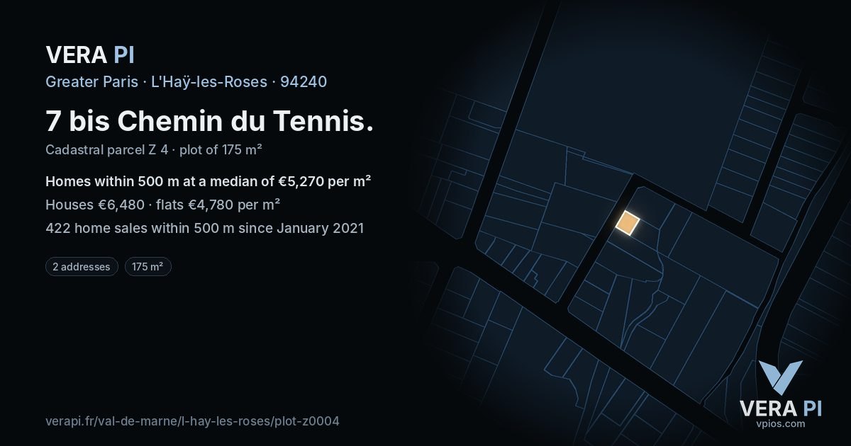 7 bis Chemin du Tennis, L'Haÿ-les-Roses at night – the plot lit, the parcels around coloured by the prices near them