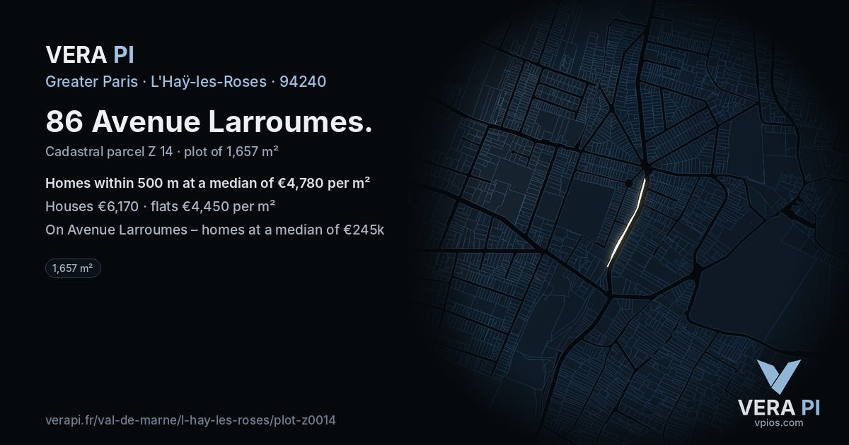 86 Avenue Larroumes, L'Haÿ-les-Roses at night – the plot lit, the parcels around coloured by the prices near them