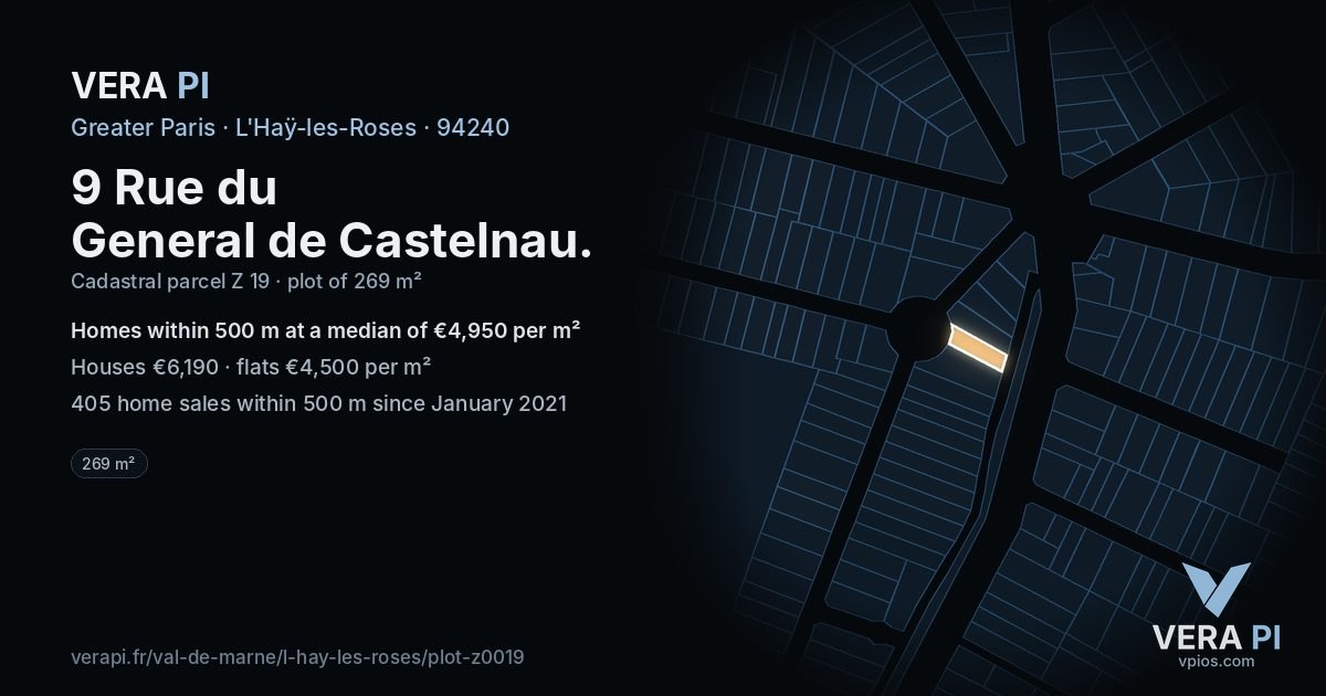 9 Rue du General de Castelnau, L'Haÿ-les-Roses at night – the plot lit, the parcels around coloured by the prices near them