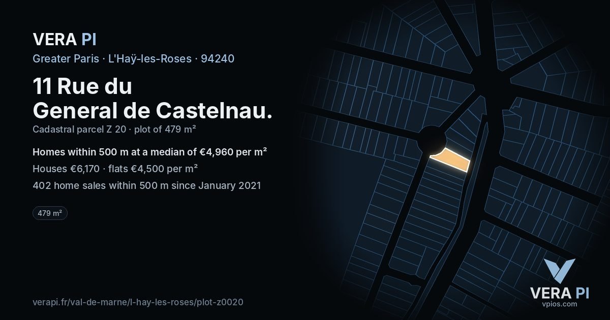 11 Rue du General de Castelnau, L'Haÿ-les-Roses at night – the plot lit, the parcels around coloured by the prices near them