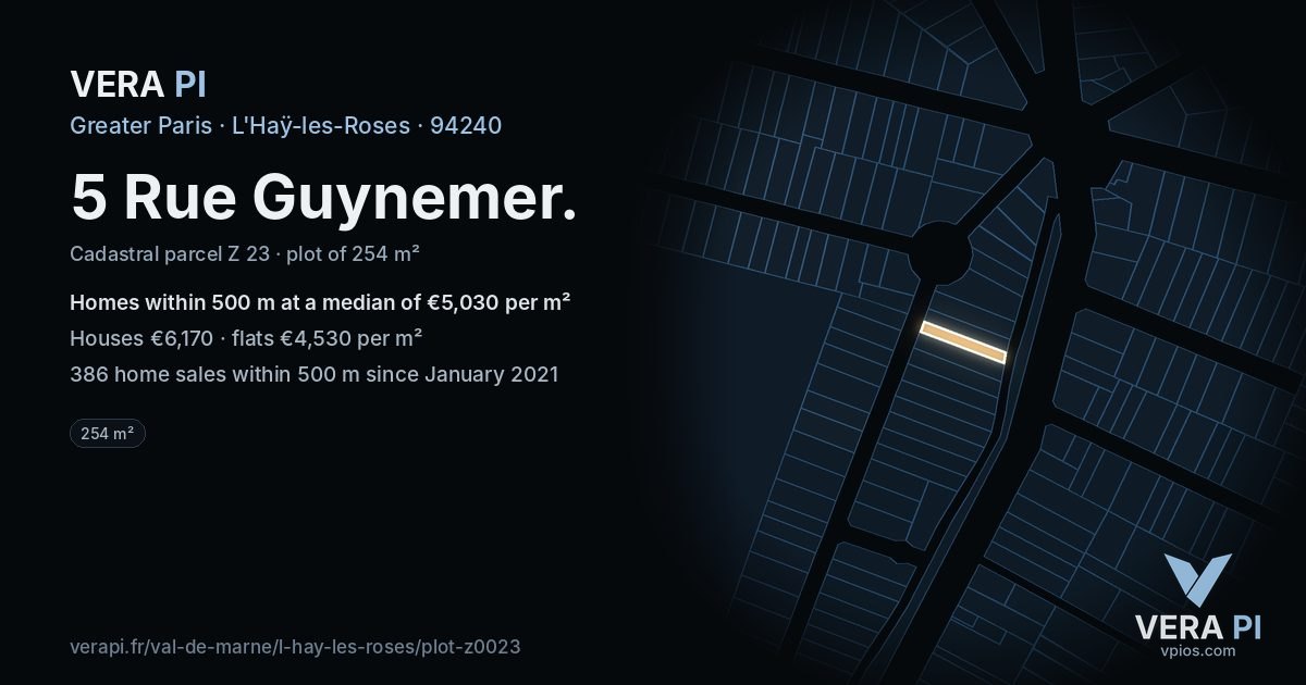 5 Rue Guynemer, L'Haÿ-les-Roses at night – the plot lit, the parcels around coloured by the prices near them