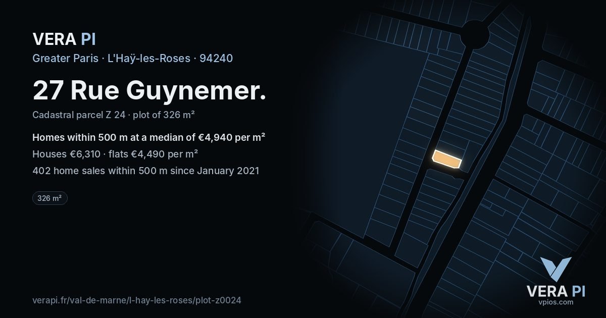 27 Rue Guynemer, L'Haÿ-les-Roses at night – the plot lit, the parcels around coloured by the prices near them