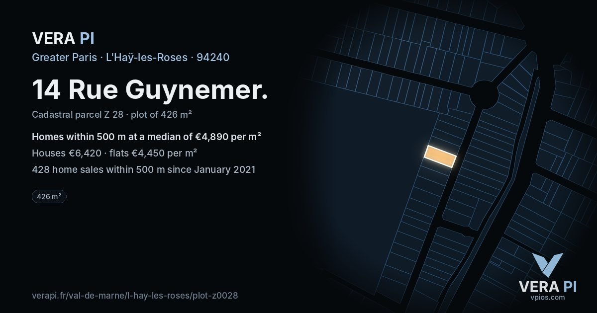 14 Rue Guynemer, L'Haÿ-les-Roses at night – the plot lit, the parcels around coloured by the prices near them