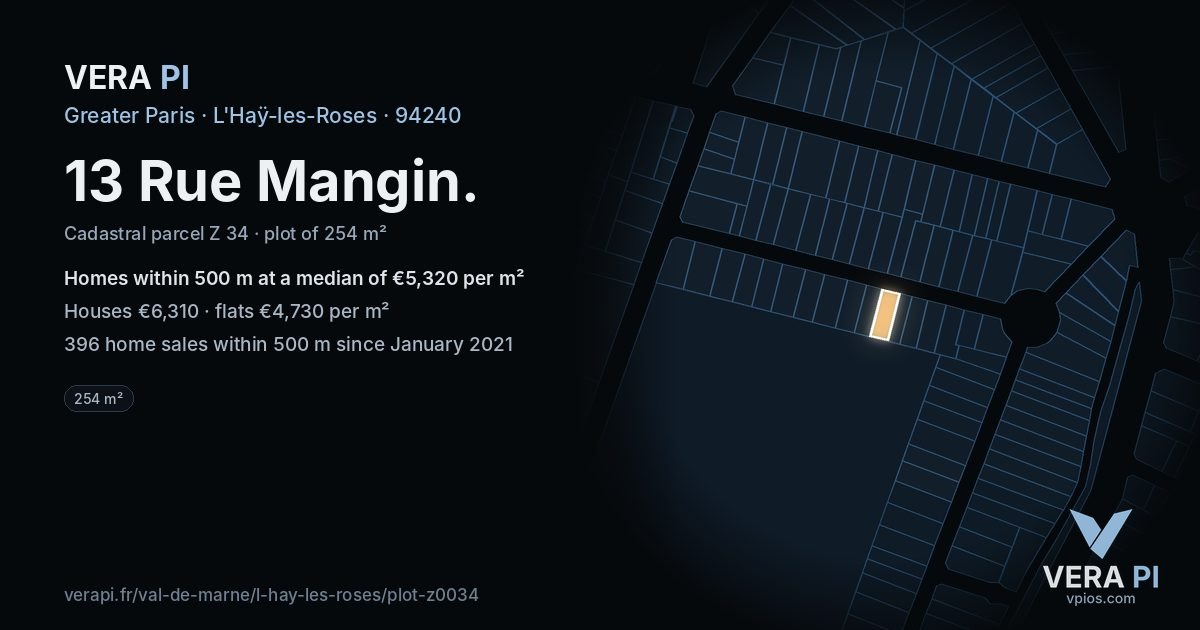13 Rue Mangin, L'Haÿ-les-Roses at night – the plot lit, the parcels around coloured by the prices near them