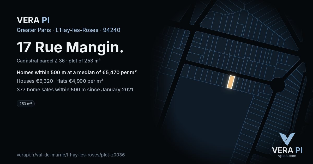 17 Rue Mangin, L'Haÿ-les-Roses at night – the plot lit, the parcels around coloured by the prices near them