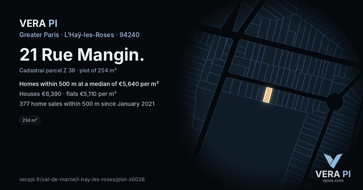 21 Rue Mangin, L'Haÿ-les-Roses at night – the plot lit, the parcels around coloured by the prices near them