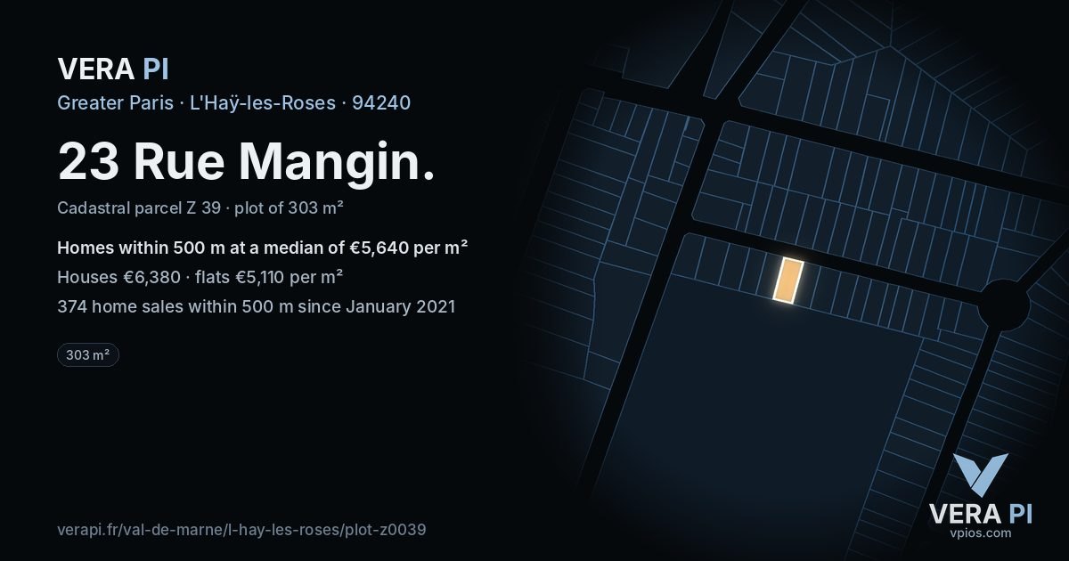 23 Rue Mangin, L'Haÿ-les-Roses at night – the plot lit, the parcels around coloured by the prices near them