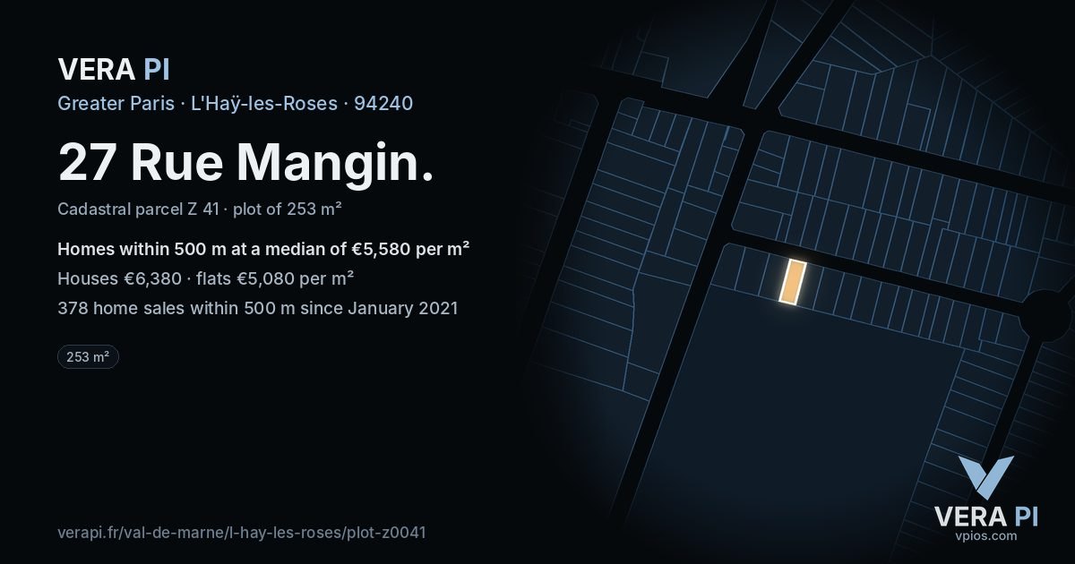 27 Rue Mangin, L'Haÿ-les-Roses at night – the plot lit, the parcels around coloured by the prices near them