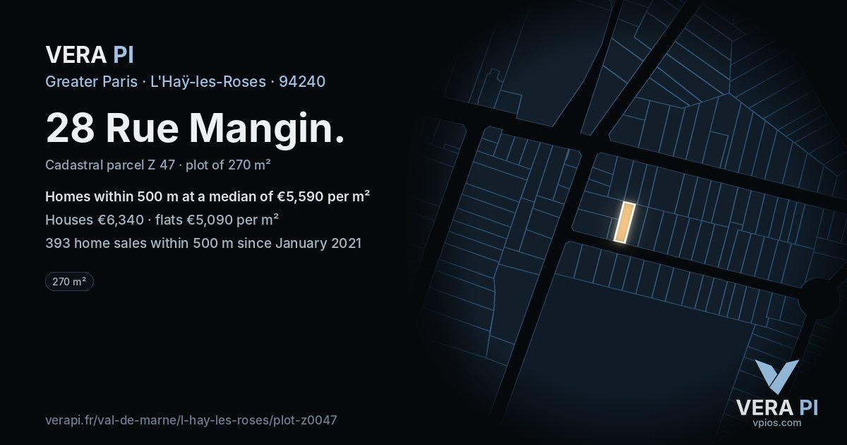 28 Rue Mangin, L'Haÿ-les-Roses at night – the plot lit, the parcels around coloured by the prices near them