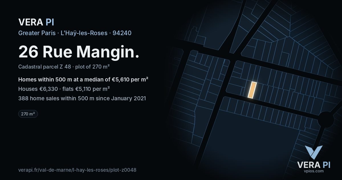 26 Rue Mangin, L'Haÿ-les-Roses at night – the plot lit, the parcels around coloured by the prices near them