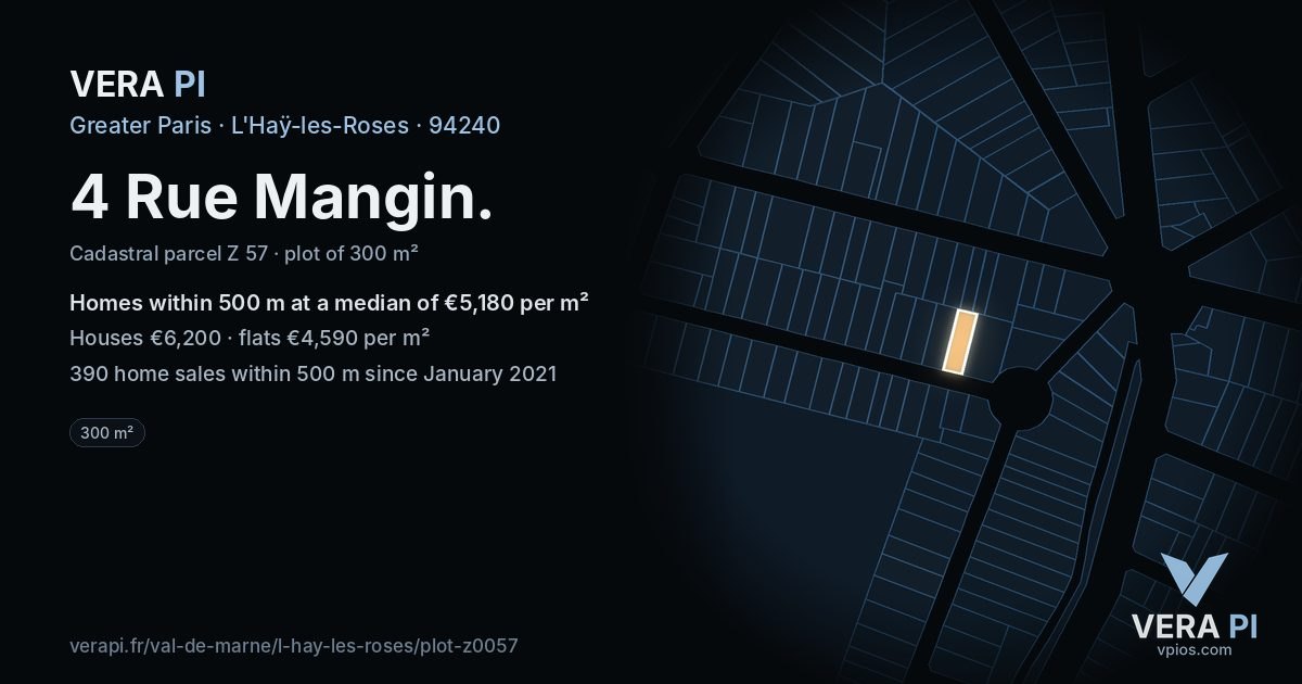 4 Rue Mangin, L'Haÿ-les-Roses at night – the plot lit, the parcels around coloured by the prices near them