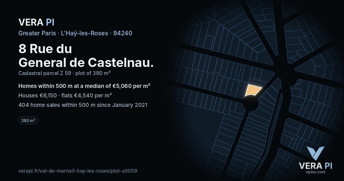 8 Rue du General de Castelnau, L'Haÿ-les-Roses at night – the plot lit, the parcels around coloured by the prices near them
