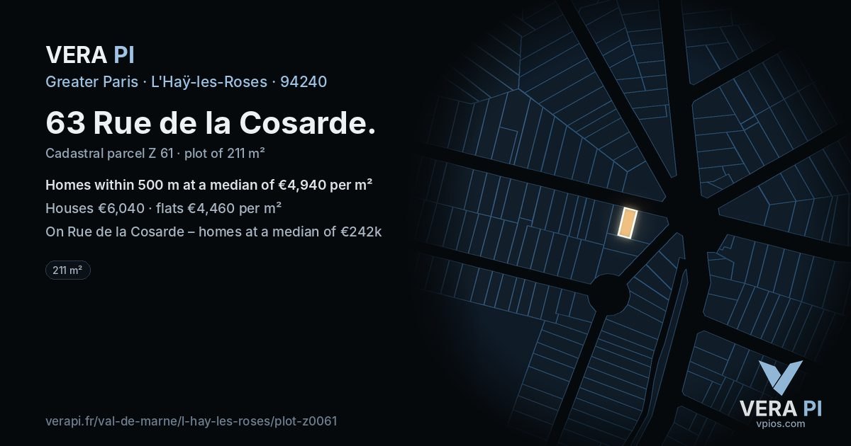 63 Rue de la Cosarde, L'Haÿ-les-Roses at night – the plot lit, the parcels around coloured by the prices near them