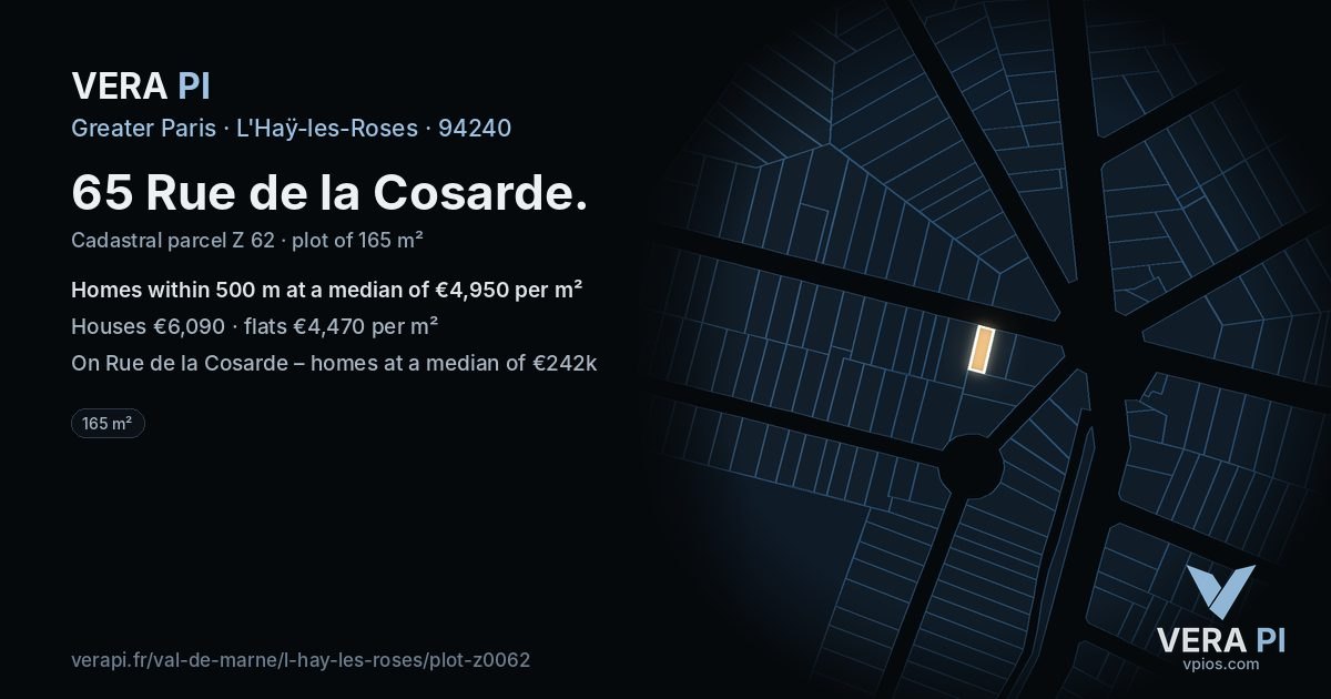 65 Rue de la Cosarde, L'Haÿ-les-Roses at night – the plot lit, the parcels around coloured by the prices near them