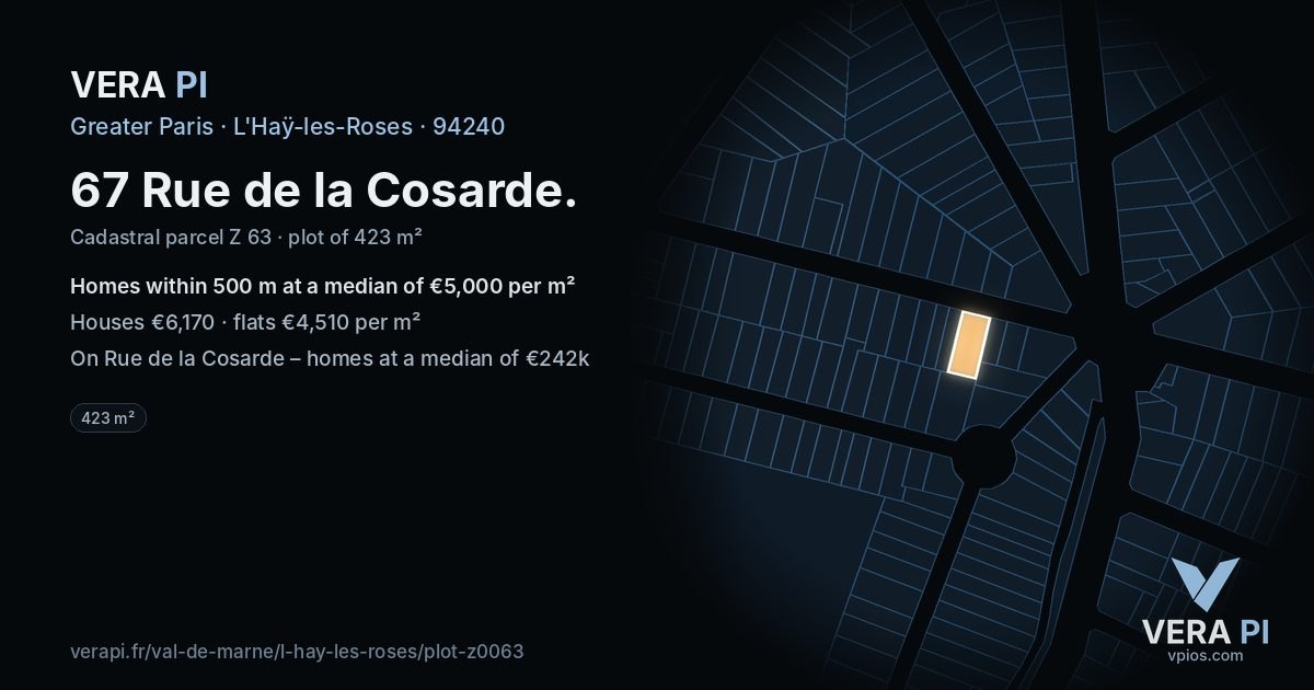 67 Rue de la Cosarde, L'Haÿ-les-Roses at night – the plot lit, the parcels around coloured by the prices near them