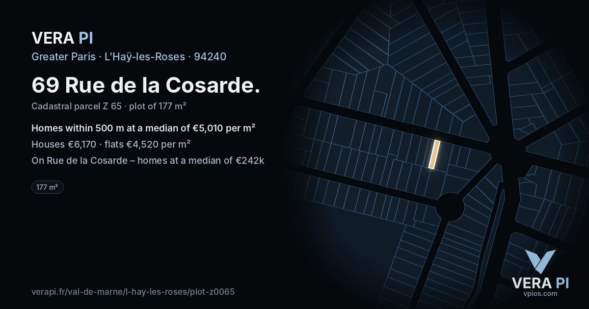69 Rue de la Cosarde, L'Haÿ-les-Roses at night – the plot lit, the parcels around coloured by the prices near them