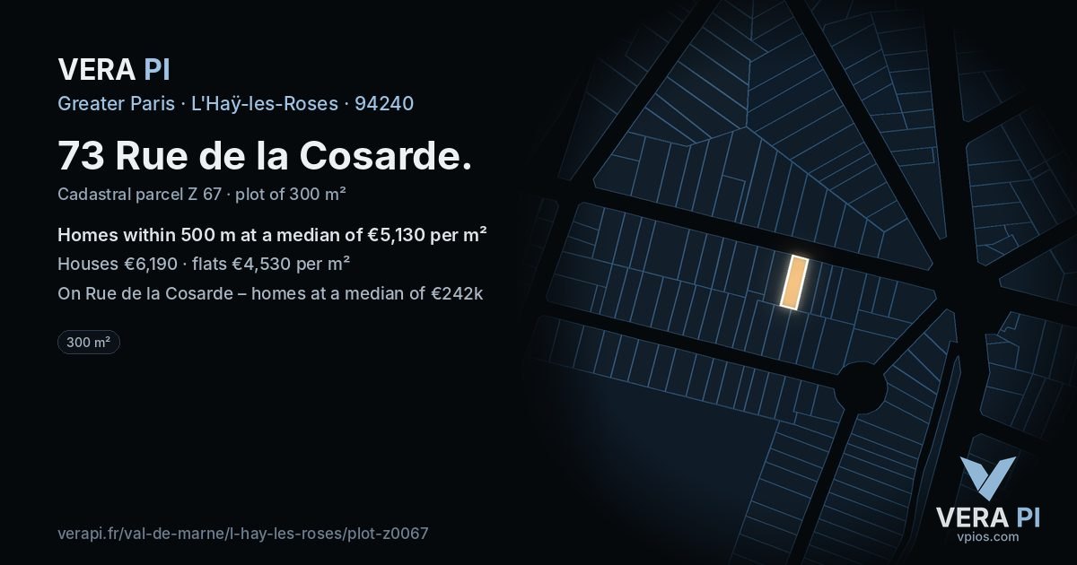 73 Rue de la Cosarde, L'Haÿ-les-Roses at night – the plot lit, the parcels around coloured by the prices near them