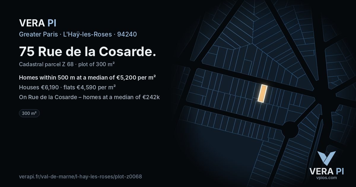 75 Rue de la Cosarde, L'Haÿ-les-Roses at night – the plot lit, the parcels around coloured by the prices near them