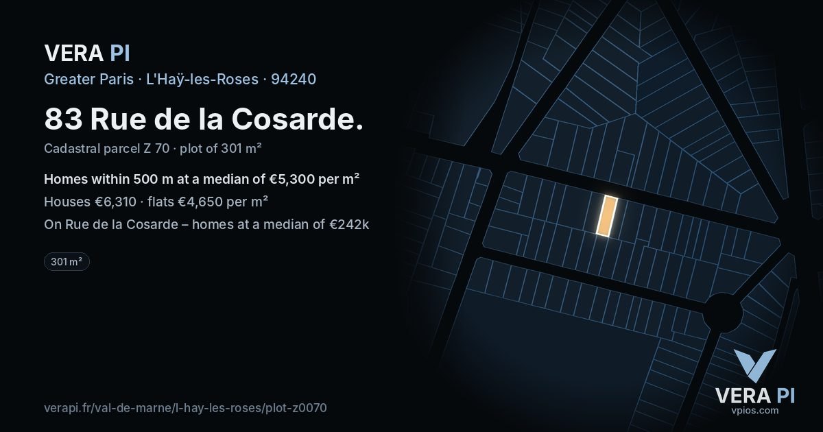 83 Rue de la Cosarde, L'Haÿ-les-Roses at night – the plot lit, the parcels around coloured by the prices near them