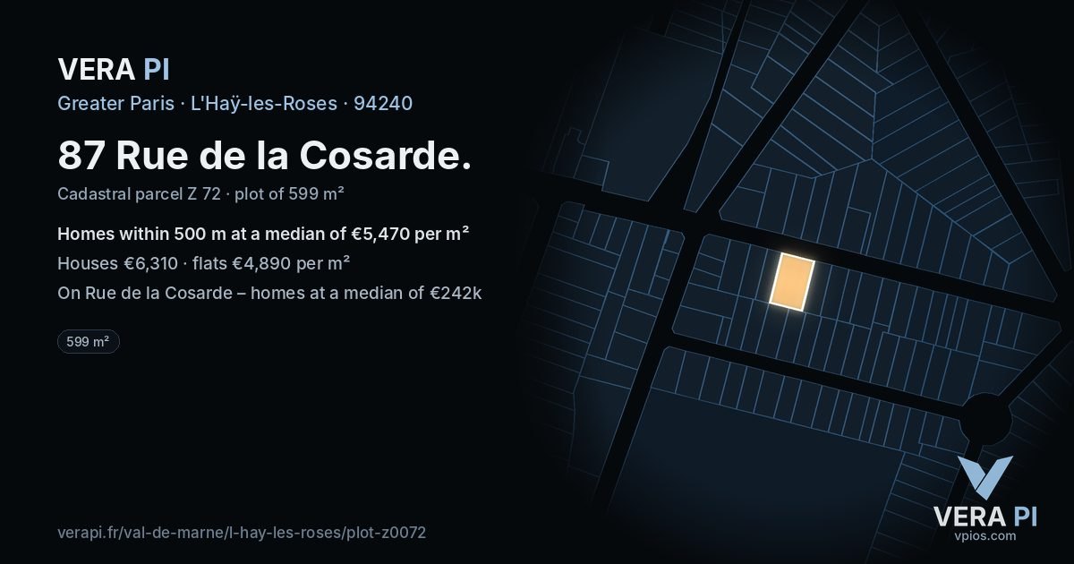 87 Rue de la Cosarde, L'Haÿ-les-Roses at night – the plot lit, the parcels around coloured by the prices near them