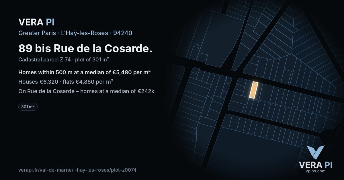 89 bis Rue de la Cosarde, L'Haÿ-les-Roses at night – the plot lit, the parcels around coloured by the prices near them