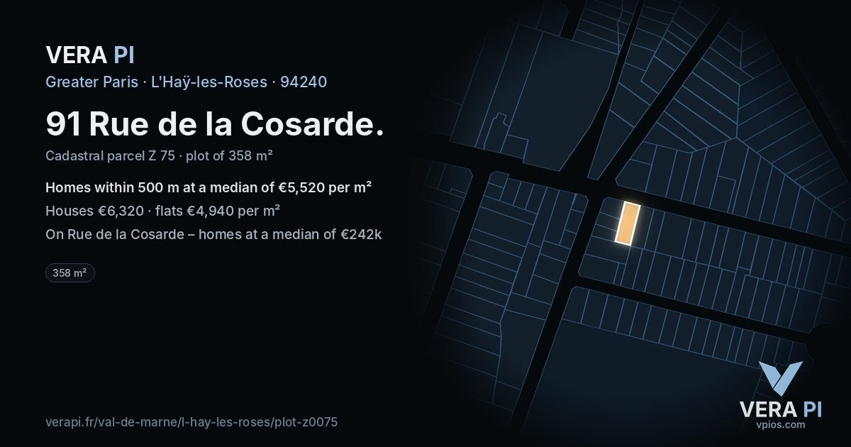 91 Rue de la Cosarde, L'Haÿ-les-Roses at night – the plot lit, the parcels around coloured by the prices near them