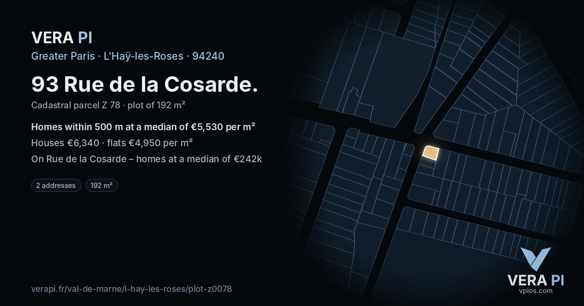 93 Rue de la Cosarde, L'Haÿ-les-Roses at night – the plot lit, the parcels around coloured by the prices near them