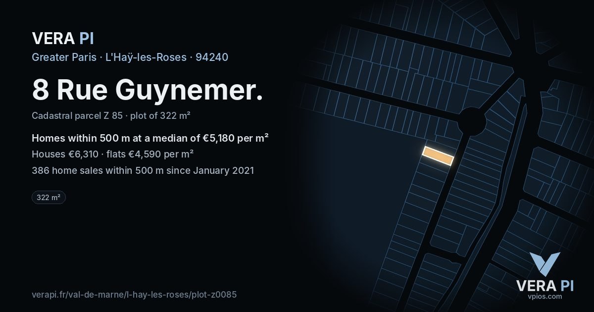 8 Rue Guynemer, L'Haÿ-les-Roses at night – the plot lit, the parcels around coloured by the prices near them