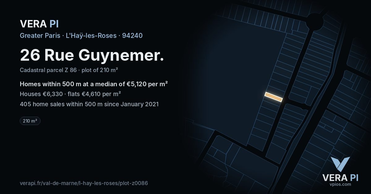 26 Rue Guynemer, L'Haÿ-les-Roses at night – the plot lit, the parcels around coloured by the prices near them