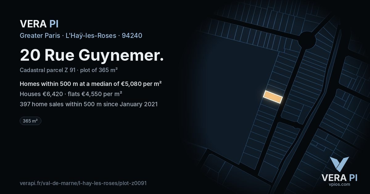 20 Rue Guynemer, L'Haÿ-les-Roses at night – the plot lit, the parcels around coloured by the prices near them