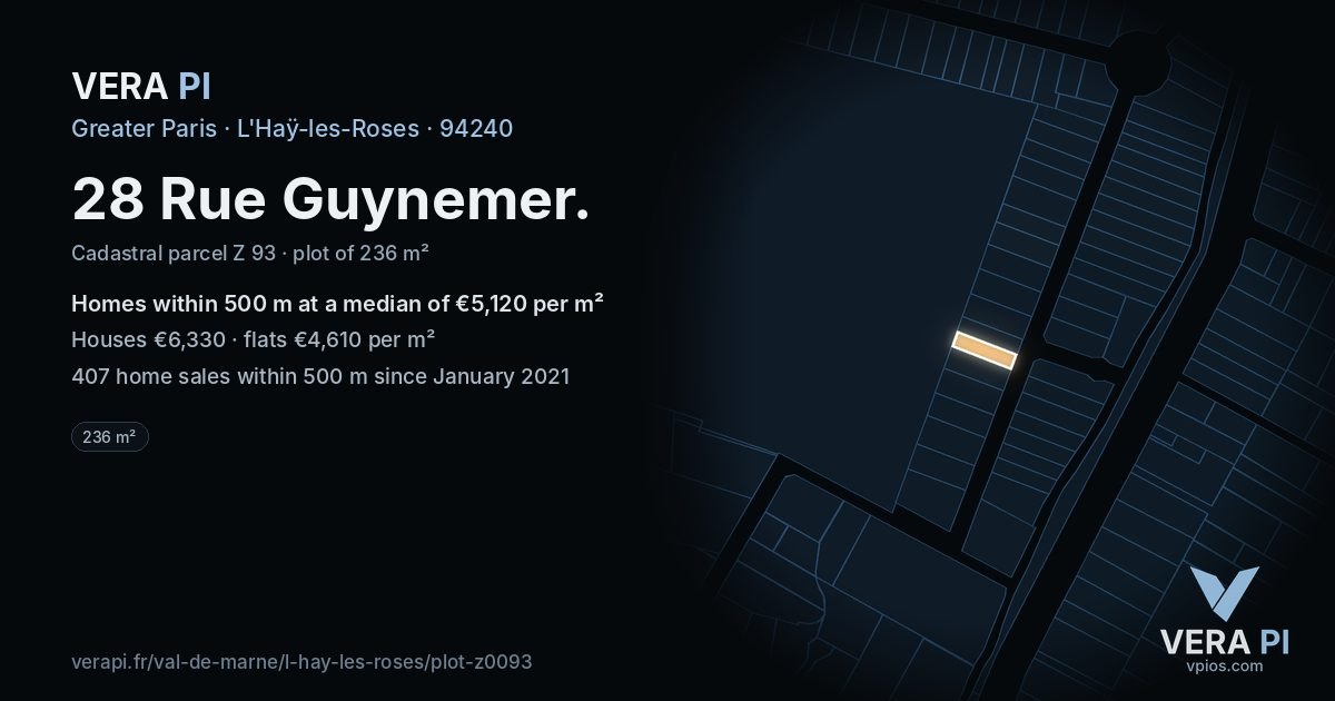 28 Rue Guynemer, L'Haÿ-les-Roses at night – the plot lit, the parcels around coloured by the prices near them