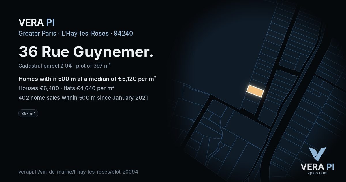 36 Rue Guynemer, L'Haÿ-les-Roses at night – the plot lit, the parcels around coloured by the prices near them