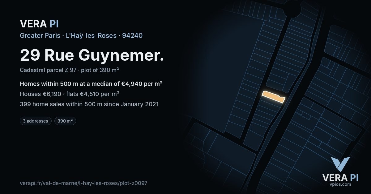 29 Rue Guynemer, L'Haÿ-les-Roses at night – the plot lit, the parcels around coloured by the prices near them