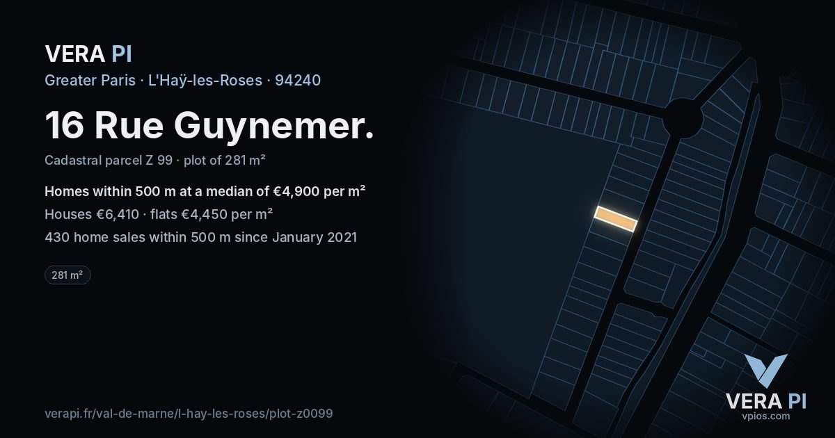 16 Rue Guynemer, L'Haÿ-les-Roses at night – the plot lit, the parcels around coloured by the prices near them