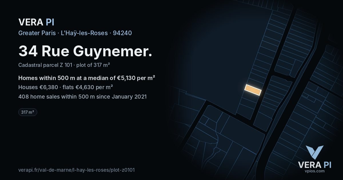 34 Rue Guynemer, L'Haÿ-les-Roses at night – the plot lit, the parcels around coloured by the prices near them