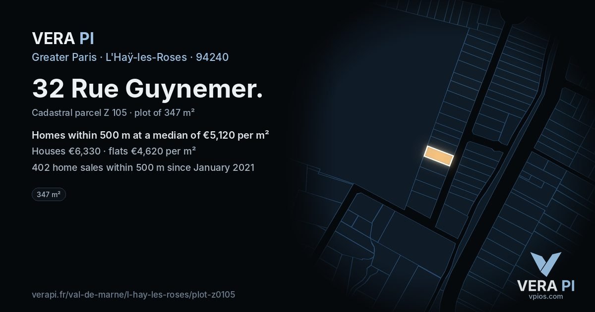32 Rue Guynemer, L'Haÿ-les-Roses at night – the plot lit, the parcels around coloured by the prices near them