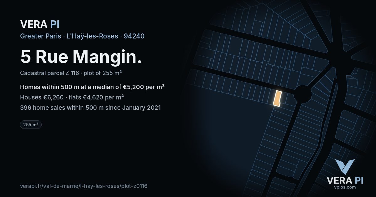 5 Rue Mangin, L'Haÿ-les-Roses at night – the plot lit, the parcels around coloured by the prices near them