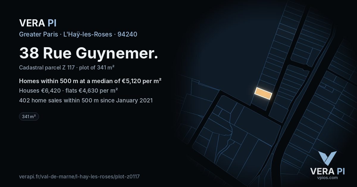 38 Rue Guynemer, L'Haÿ-les-Roses at night – the plot lit, the parcels around coloured by the prices near them
