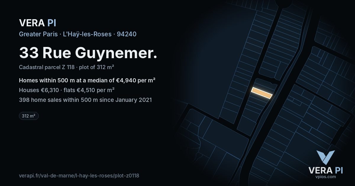 33 Rue Guynemer, L'Haÿ-les-Roses at night – the plot lit, the parcels around coloured by the prices near them